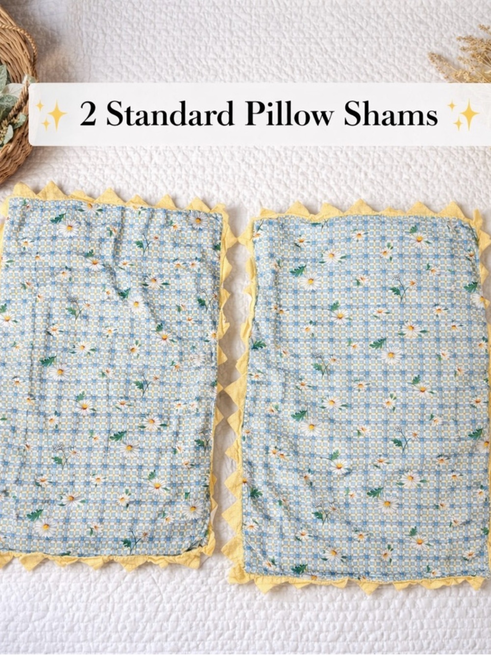 Vintage Floral Gingham Pillow Shams Set of 2 Yellow Ruffle Cottagecore Standard